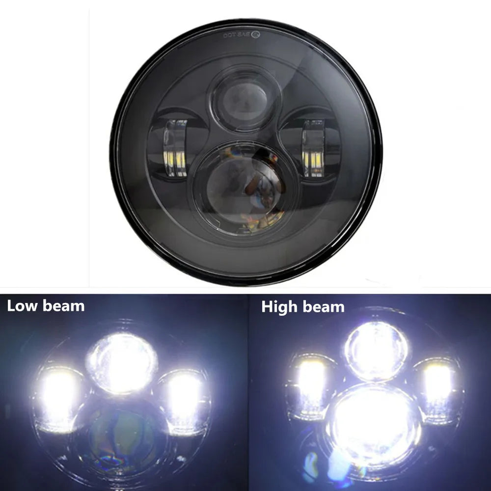 A circular automotive headlight assembly showing low beam and high beam settings.