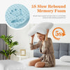 A woman is using a 5S Slow Rebound Memory Foam pillow for neck support while sitting on a bed.
