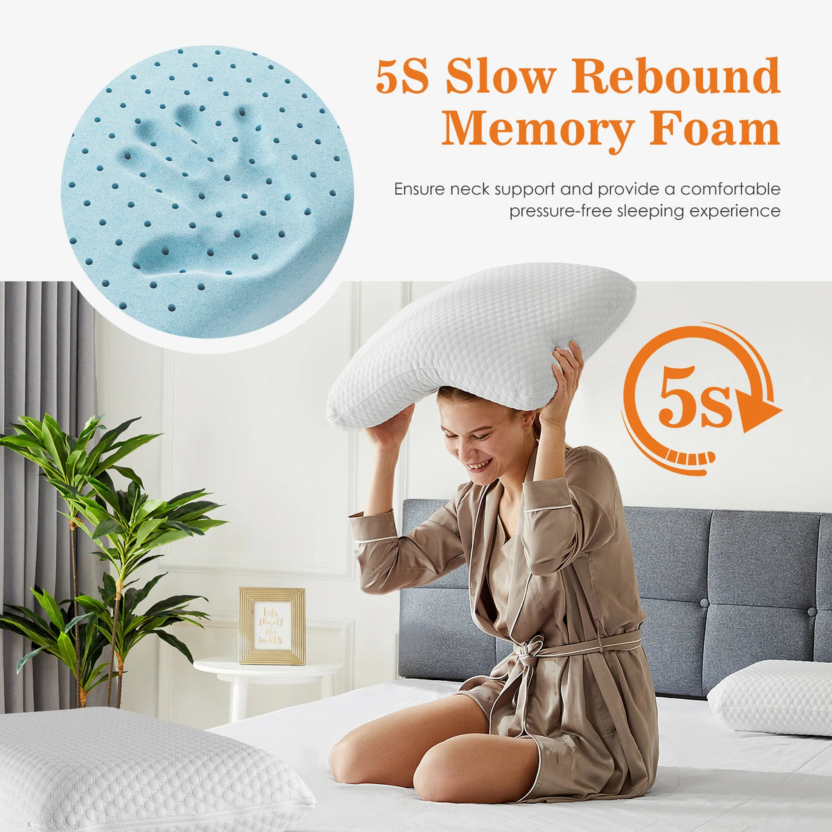 A woman is using a 5S Slow Rebound Memory Foam pillow for neck support while sitting on a bed.