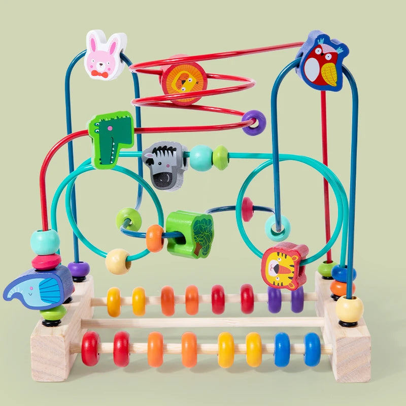 A wooden bead maze roller coaster toy featuring colorful beads and an abacus counter.