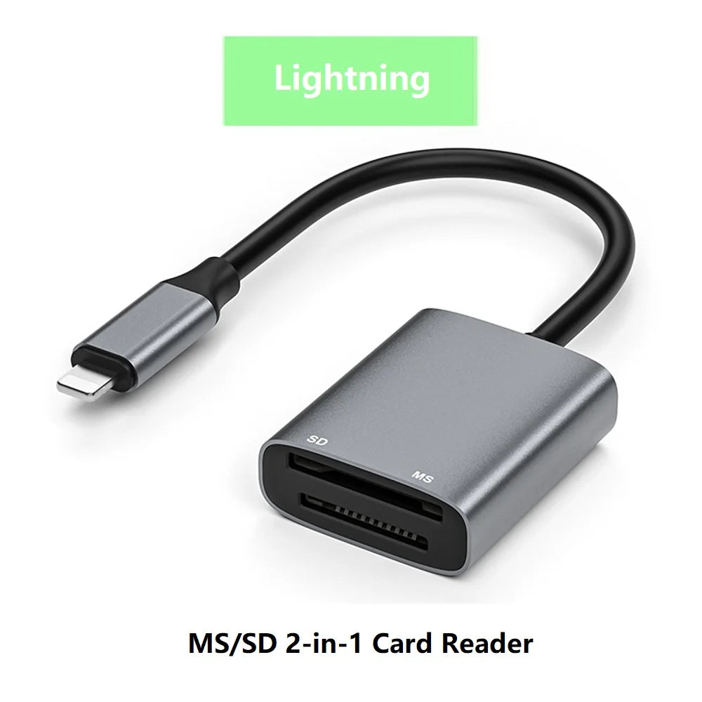 A silver MS/SD 2-in-1 card reader with a black cable and lightning connector.