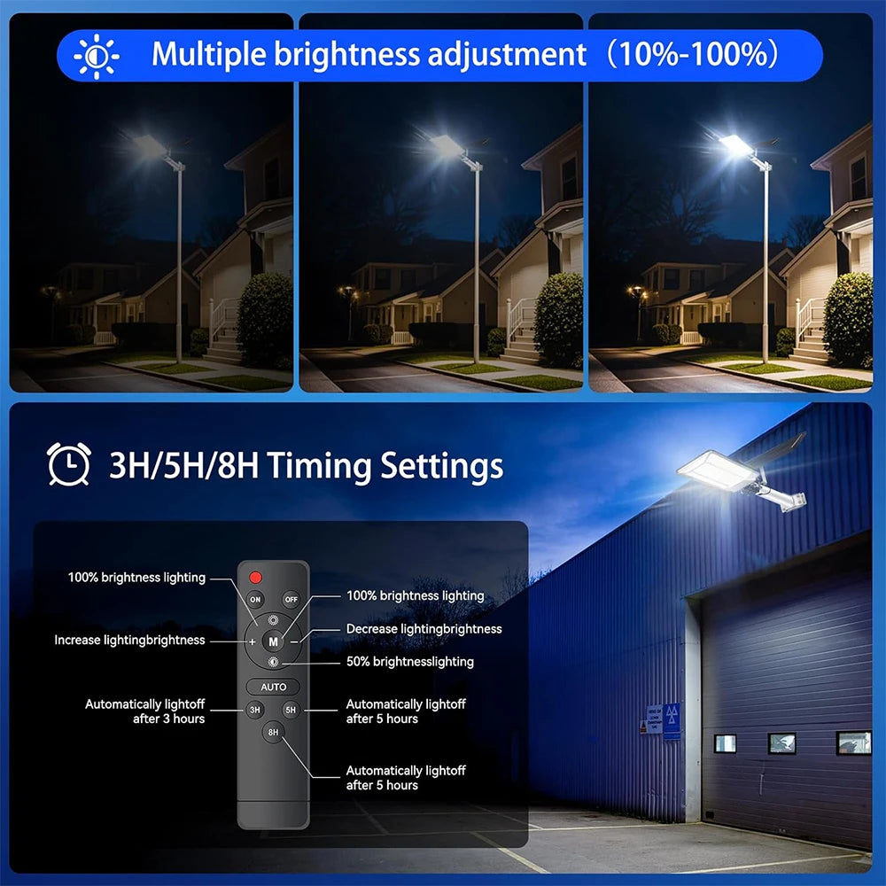 A solar street light is shown with multiple brightness adjustment settings and timing options, illuminating a residential are