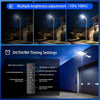 A solar street light is shown with multiple brightness adjustment settings and timing options, illuminating a residential are