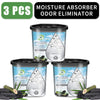 Three reusable moisture absorber odor eliminator boxes with natural absorbent material.