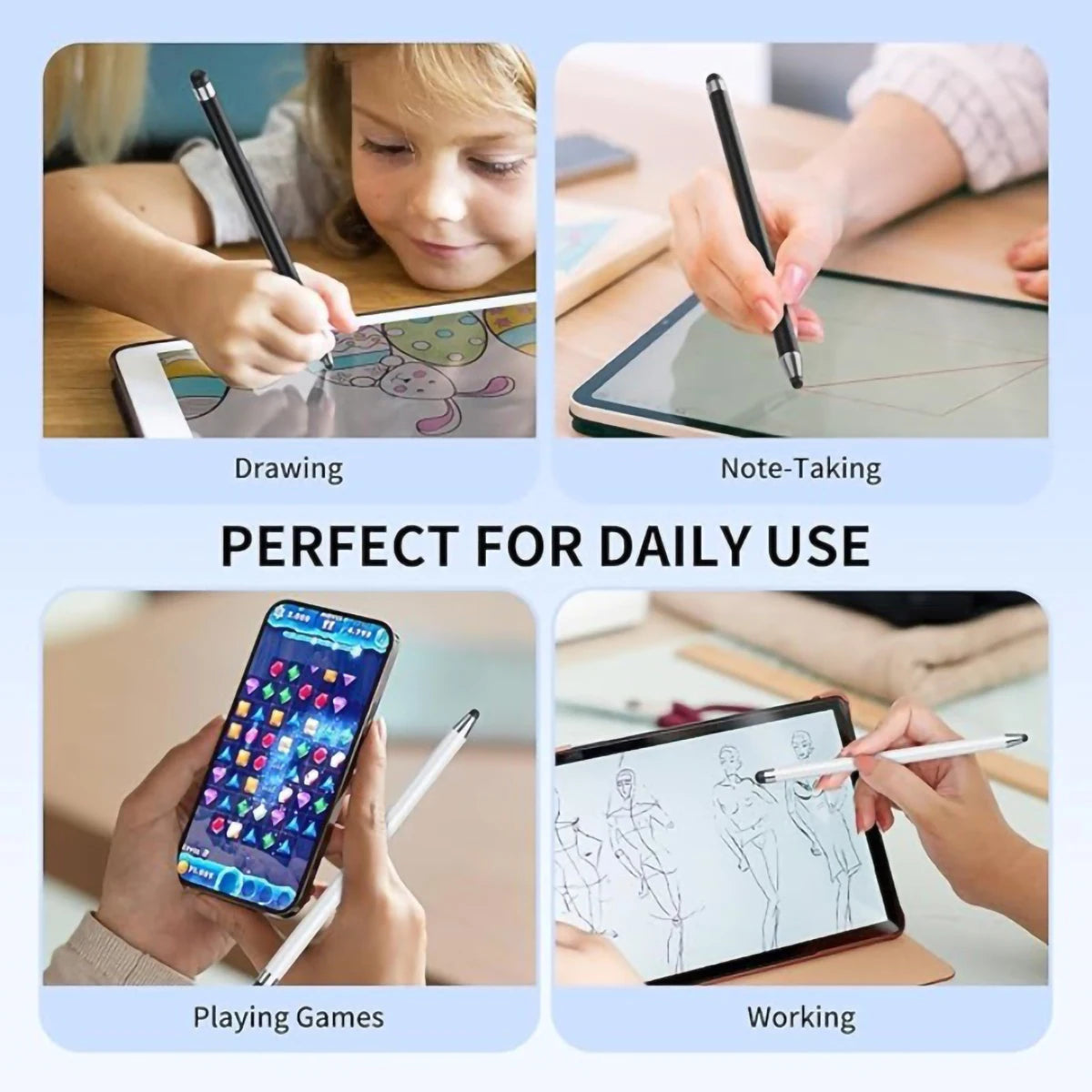 A collection of images showing a precision dual-tip capacitive stylus being used for drawing, note-taking, playing games, and