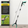A long, foldable green grabber reacher tool with a black handle and a magnetic swivel clip head.