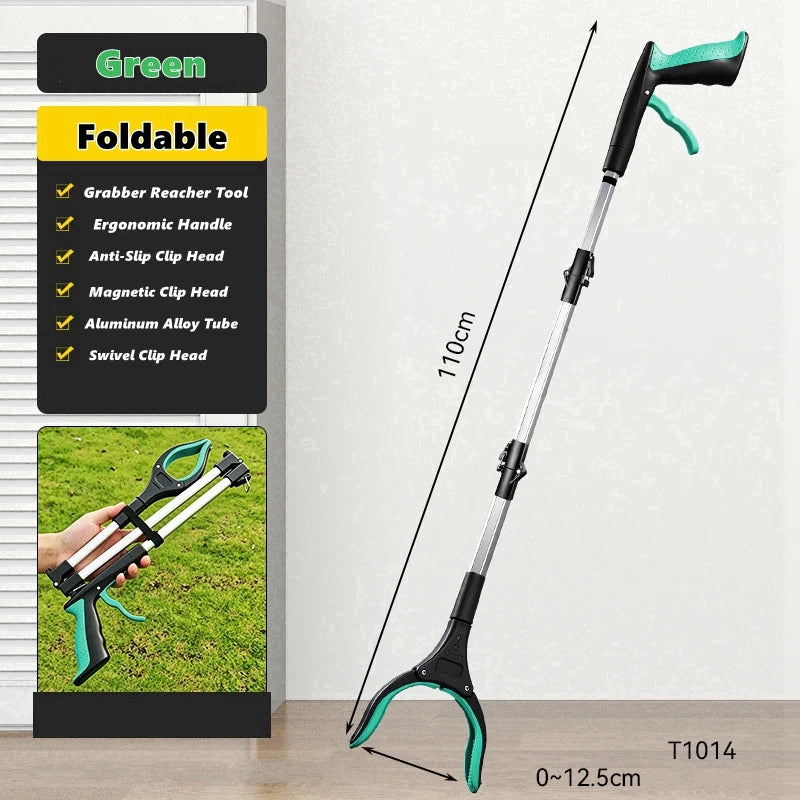 A long, foldable green grabber reacher tool with a black handle and a magnetic swivel clip head.