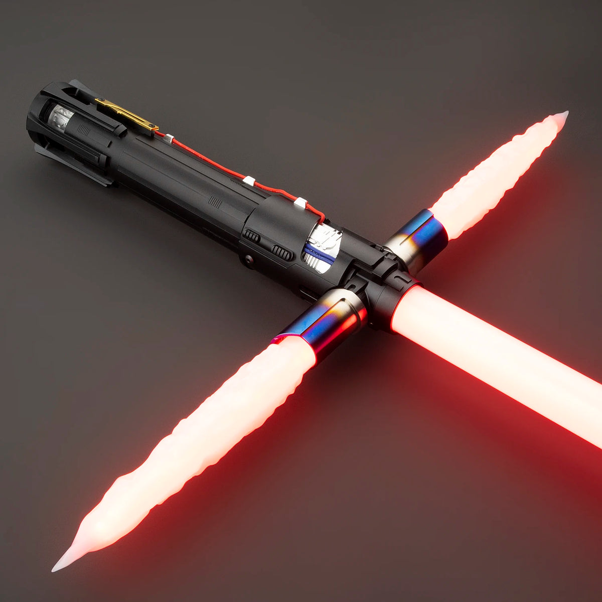 A black lightsaber with a red blade is shown crossed, featuring a metal hilt and motion control technology.