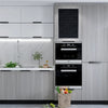 Modern kitchen cabinet featuring light gray wood grain panels and black accents with built-in oven and ventilation.