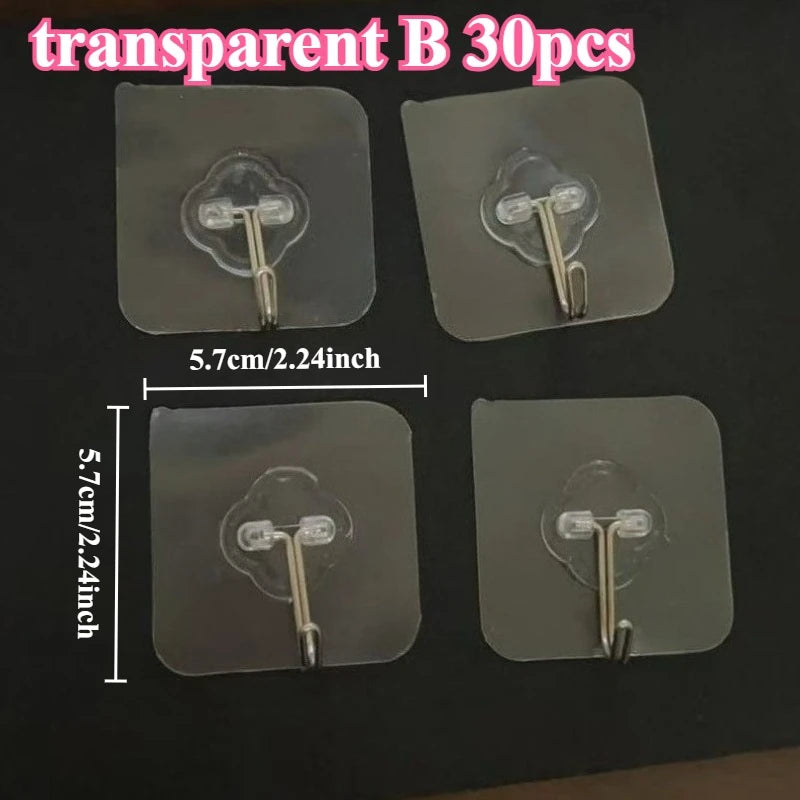 Transparent B 30 pieces of clear heavy-duty self-adhesive wall hooks shown in various sizes.