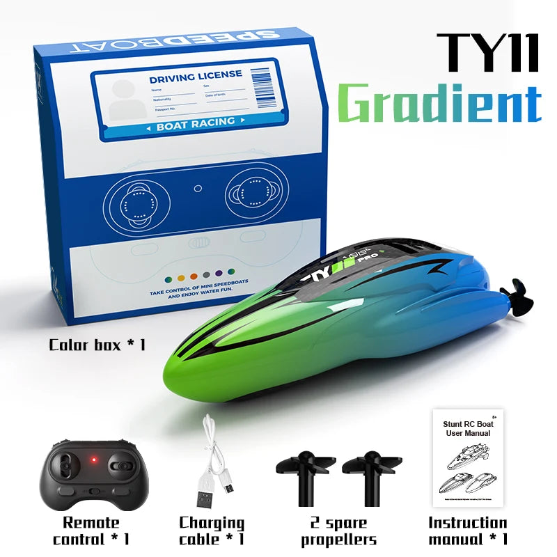 A green and black TY11 Gradient RC speedboat kit shown with its box, remote control, propellers, and instruction manual.