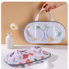 A white mesh laundry bag with a handle is shown being held and laid out on a surface.