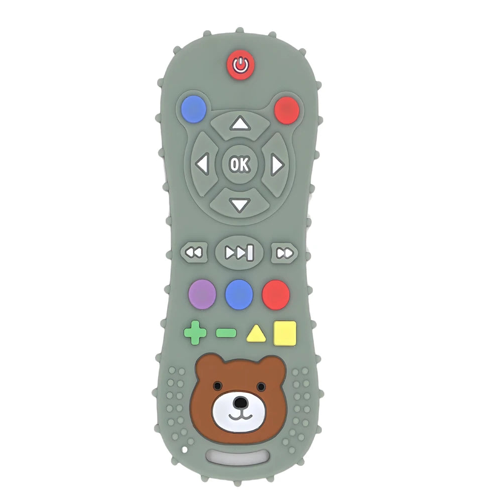 A silicone baby teether shaped like a bear with various buttons and features.