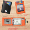 An orange wallet with multiple card slots and a slim black card holder is shown alongside a separate black wallet.