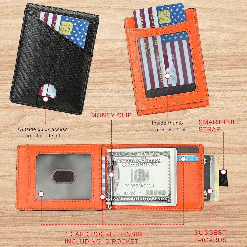 An orange wallet with multiple card slots and a slim black card holder is shown alongside a separate black wallet.
