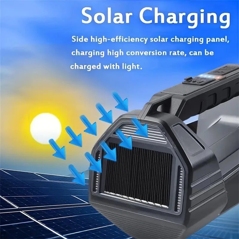 A black solar charging panel is shown illuminating a solar rechargeable LED flashlight with a COB side light.