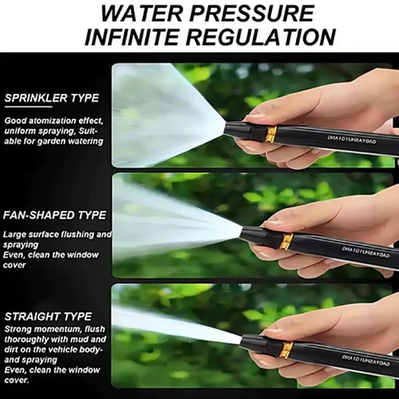 Three types of water pressure nozzles for cleaning and watering: sprinkler, fan-shaped, and straight.