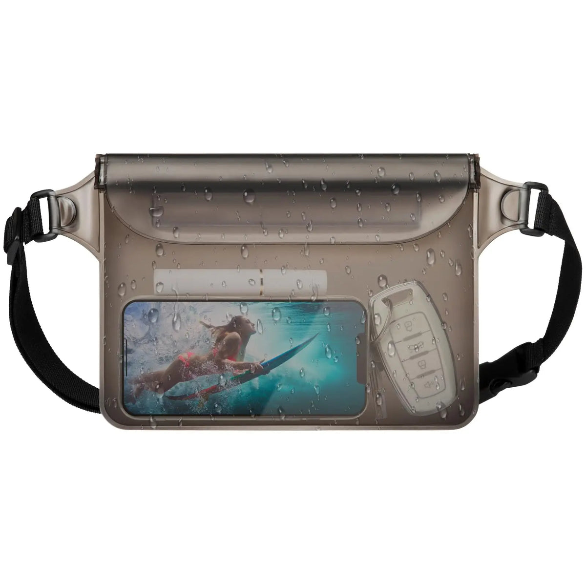 Pochette imperméable pour sports nautiques, gris métallique avec sangle et panneau de contrôle.