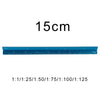 A blue aluminum triangular scale ruler marked with measurements up to 15cm and various scale ratios.