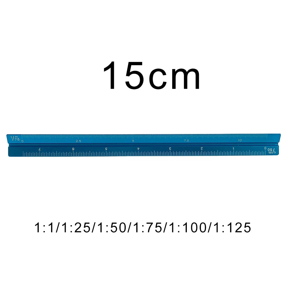 A blue aluminum triangular scale ruler marked with measurements up to 15cm and various scale ratios.