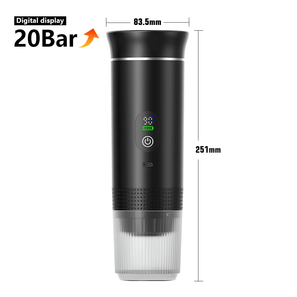 A black portable electric espresso coffee maker with a digital display and clear glass carafe.