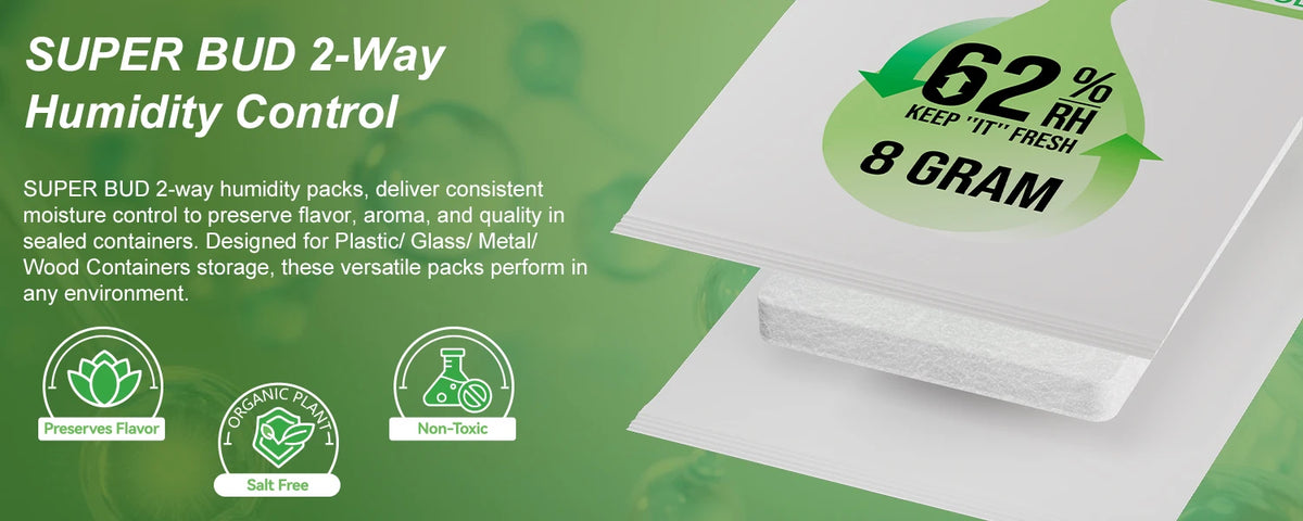 Packaging for SUPER BUD 2-Way Humidity Control packs, designed to preserve flavor and moisture in sealed containers.