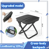 An upgraded model of a cross-body loadbearing backpack used as a portable folding stool.