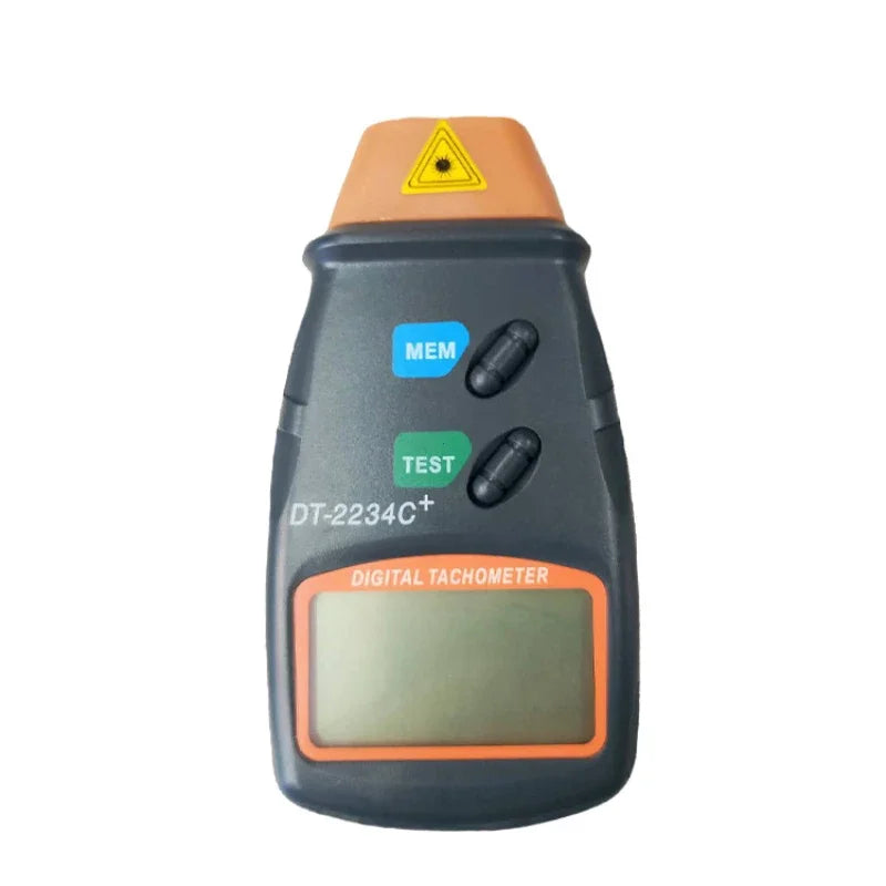 A gray digital tachometer device with an orange top and a yellow warning triangle, labeled DT-2234C+