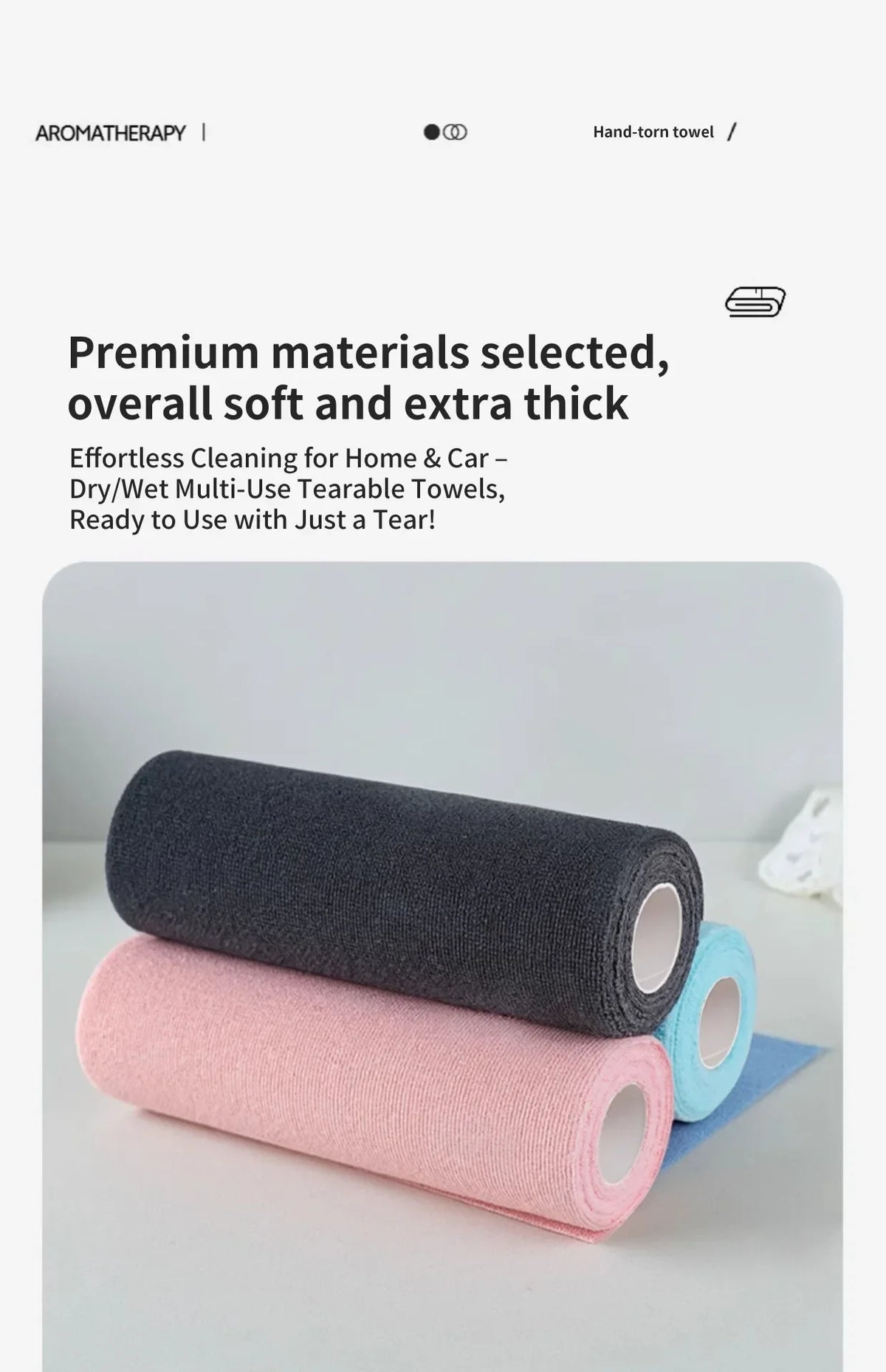 A stack of thick, reusable microfiber cleaning cloths in gray and pink colors.
