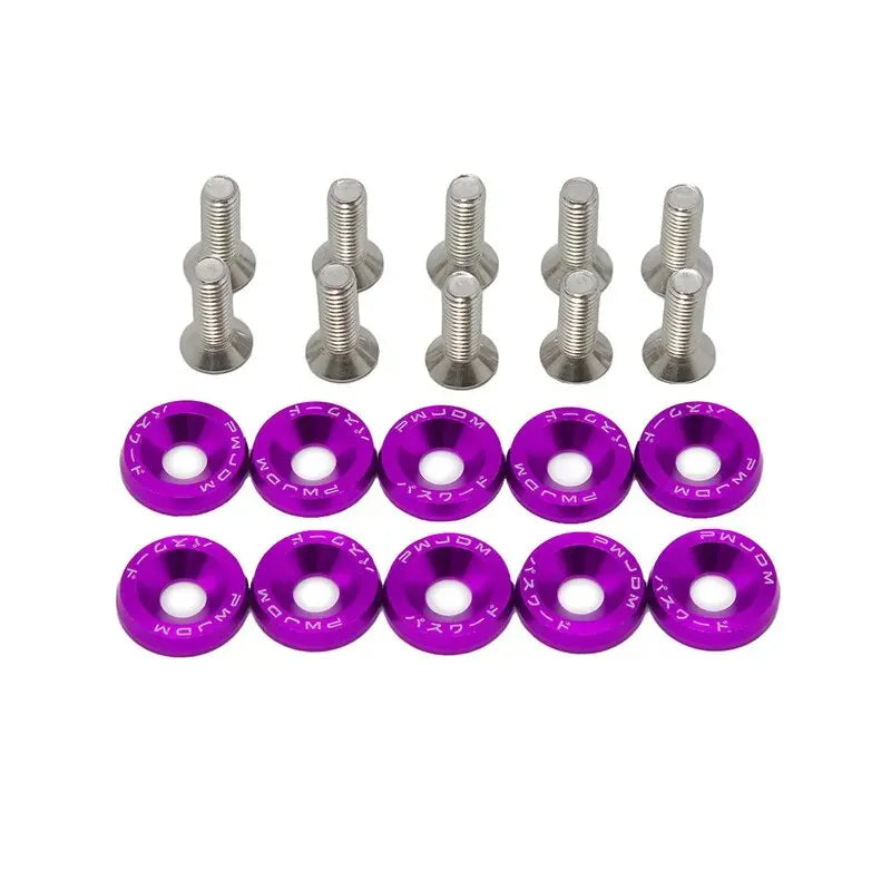 A set of ten M6 Fender washer bolts made of aluminum alloy.