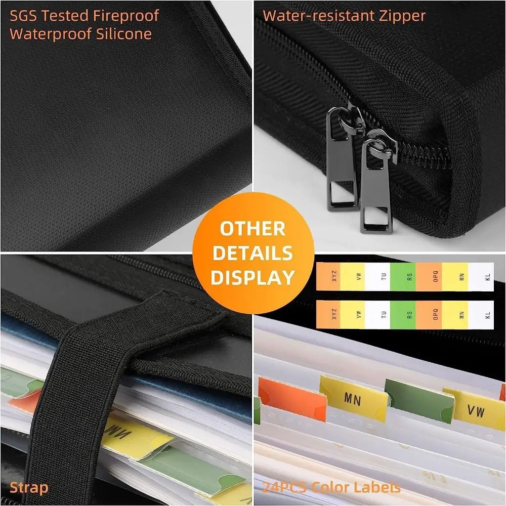 Black fireproof waterproof silicone zipper pouch and strap with color labels for an expanding file organizer