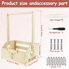 Wooden storage crate with a handle, featuring various wooden parts and accessories like hangers and screws.
