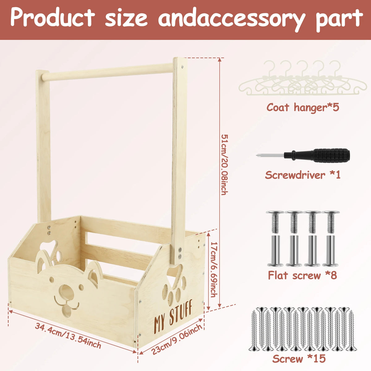 Wooden storage crate with a handle, featuring various wooden parts and accessories like hangers and screws.