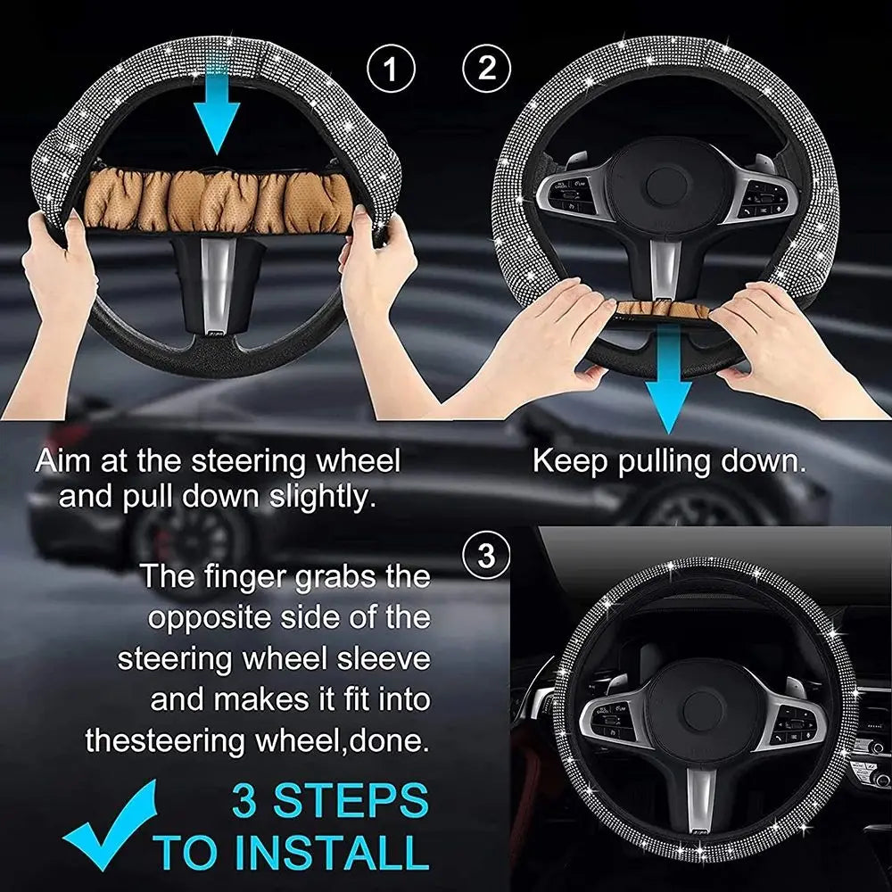 Instructions show how to install a crystal rhinestone steering wheel cover by pulling it down onto the steering wheel.