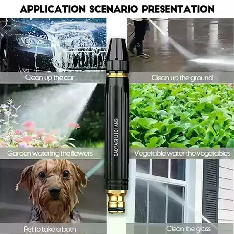 A series of application scenarios showing an adjustable high-pressure water spray nozzle used for cleaning cars, gardens, veg
