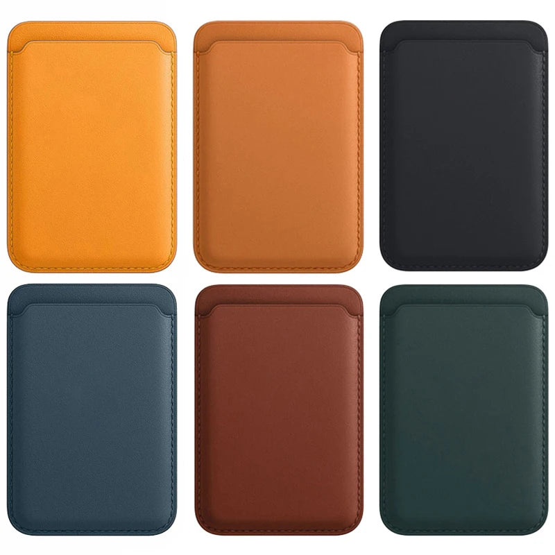 A set of six premium leather wallet cases in orange, brown, black, navy blue, maroon, and dark green.