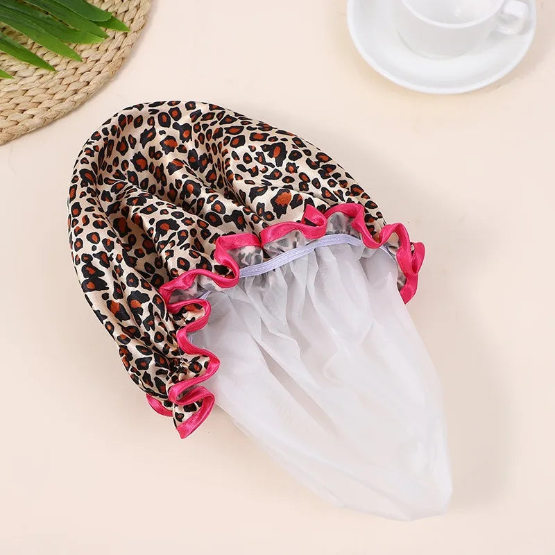 Leopard Print Double-Layer Shower Cap – Waterproof & Reusable