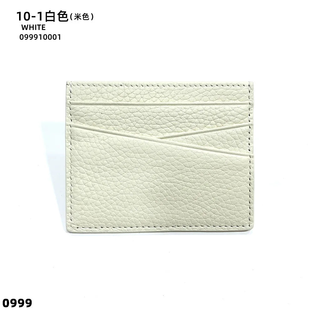 A beige genuine leather slim card holder wallet with diagonal stitching details.