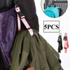 A green durable polyester luggage strap with a pink ID tag and a blue fabric strap are shown alongside a black coat.
