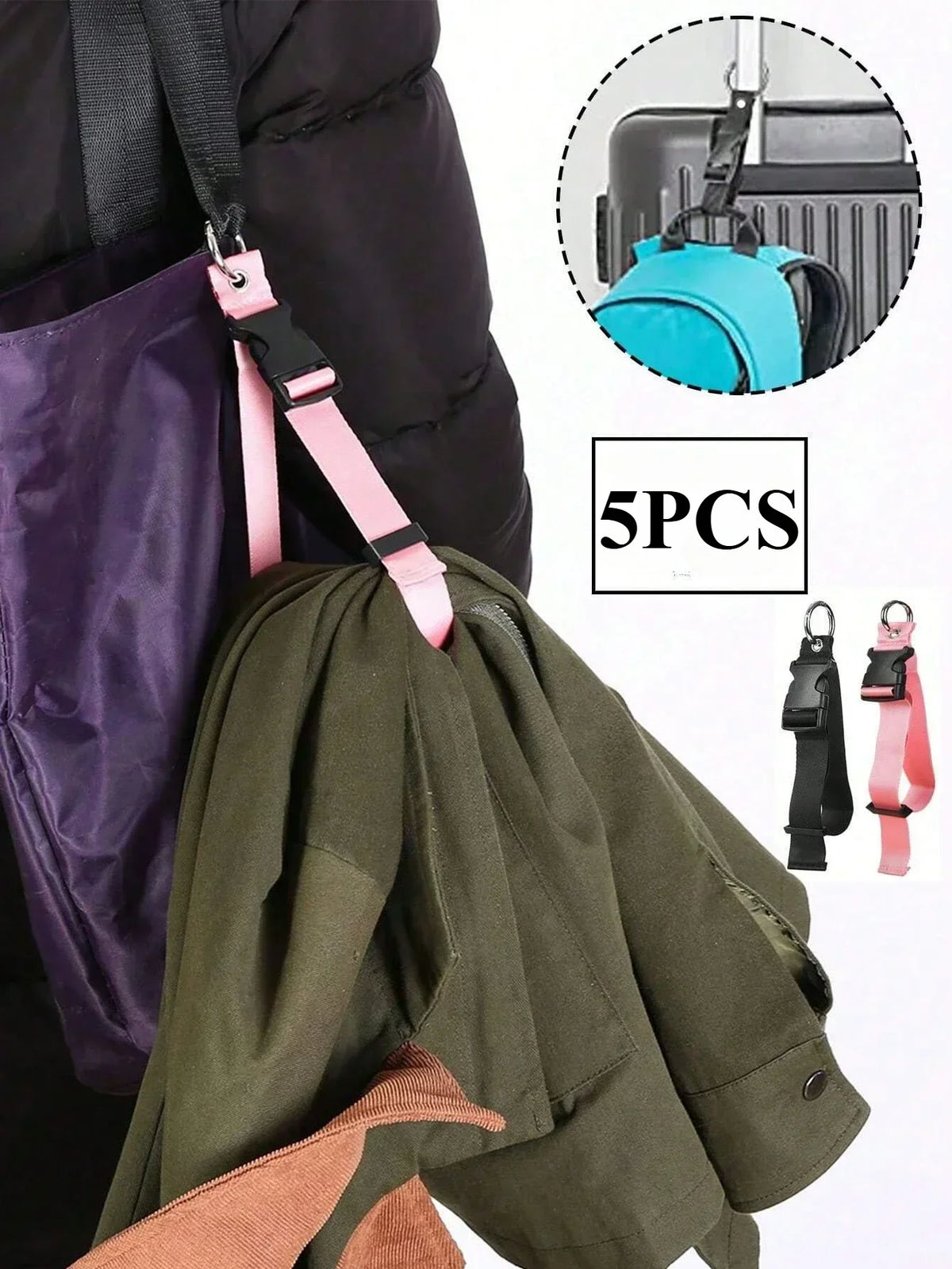A green durable polyester luggage strap with a pink ID tag and a blue fabric strap are shown alongside a black coat.