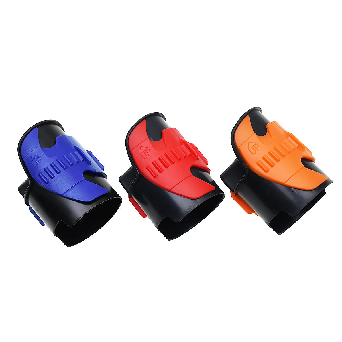 Three motorcycle fork seal cleaning tools in blue, red, and orange for shock absorbers