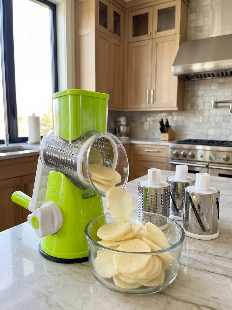 Multi-Function Rotary Cheese Grater with Suction Base and Round Mandoline Slicer