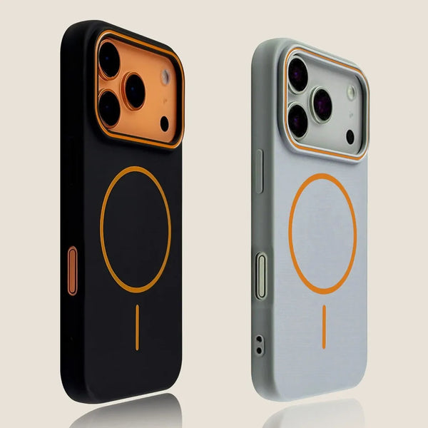 A black magnetic matte phone case for an iPhone is shown next to a silver version.