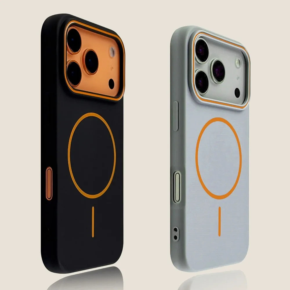 A black phone case with a gold magnetic ring and a silver phone featuring a matching orange magnetic ring.