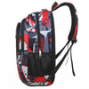 A black laptop backpack featuring a geometric pattern of red, white, and blue fabric.