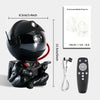 A black astronaut projector night light with a remote control and cables shown next to diagrams of projected stars.