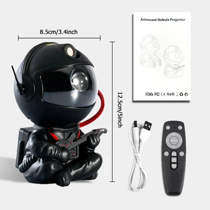 A black astronaut projector night light with a remote control and cables shown next to diagrams of projected stars.