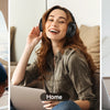 Three people in different settings using headphones: a man traveling, a woman at home, and a woman working.
