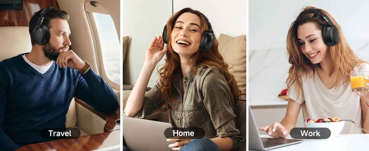 Three people in different settings using headphones: a man traveling, a woman at home, and a woman working.