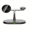 A black magnetic wireless charging station with a circular charging pad and a stand.